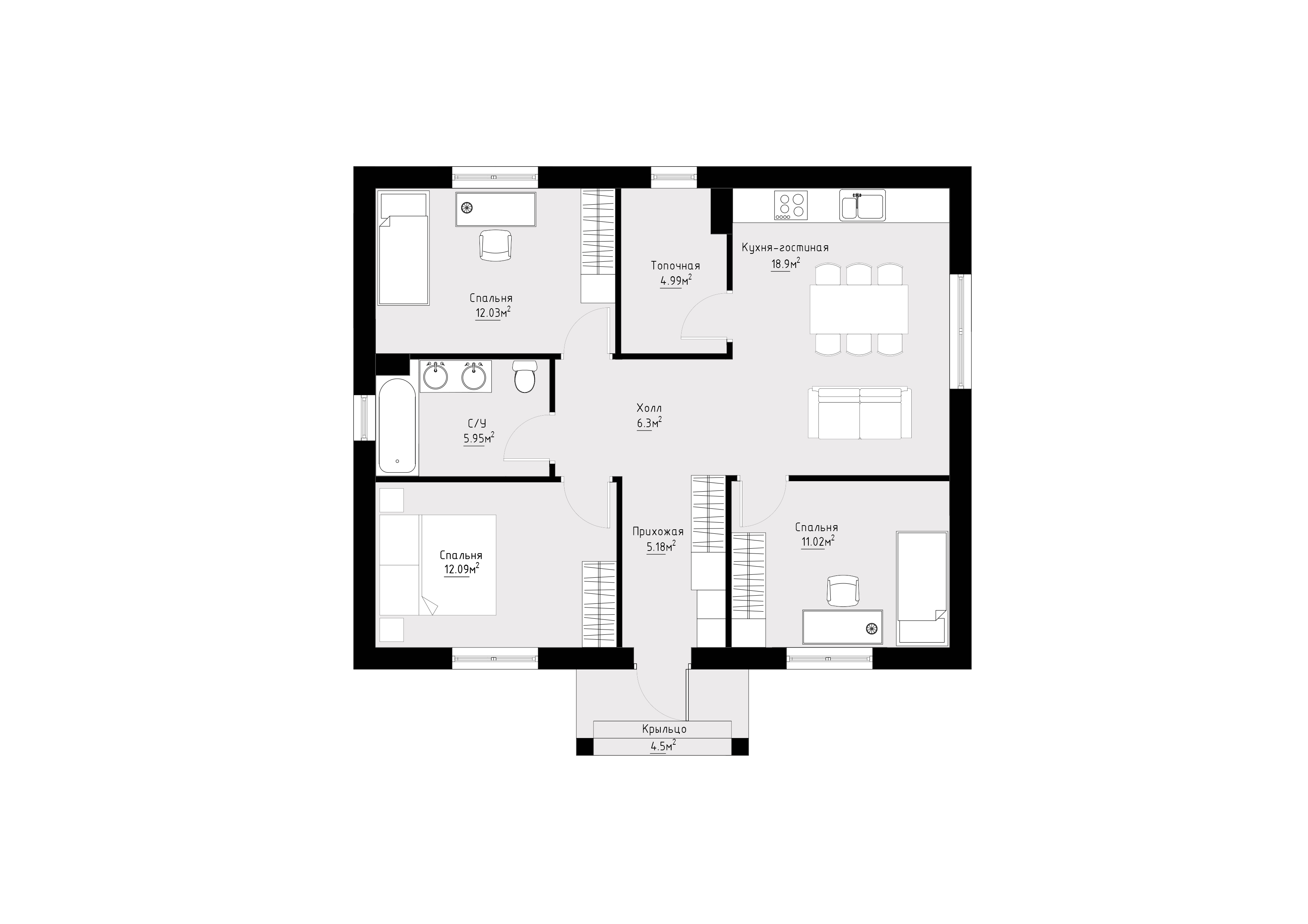 76,6 м² с тремя спальнями — планировка